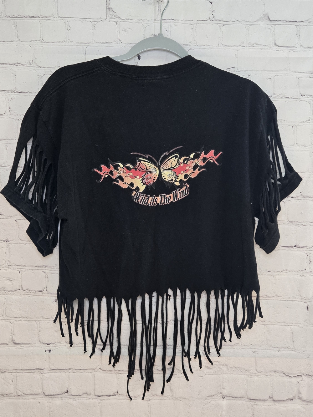 Y2k Trashed Black Fringe Butterfly Tee - Wild As The Wind Lg Boho